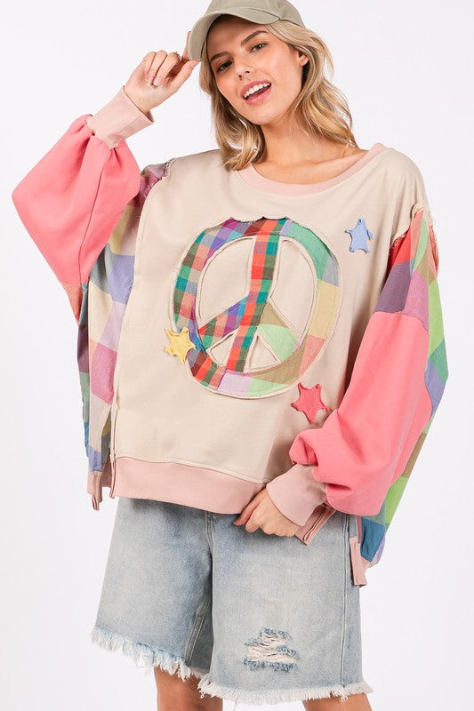 SAGE + FIG FULL SIZE CONTRAST PEACE PATCH DROPPED SHOULDER SWEATSHIRT