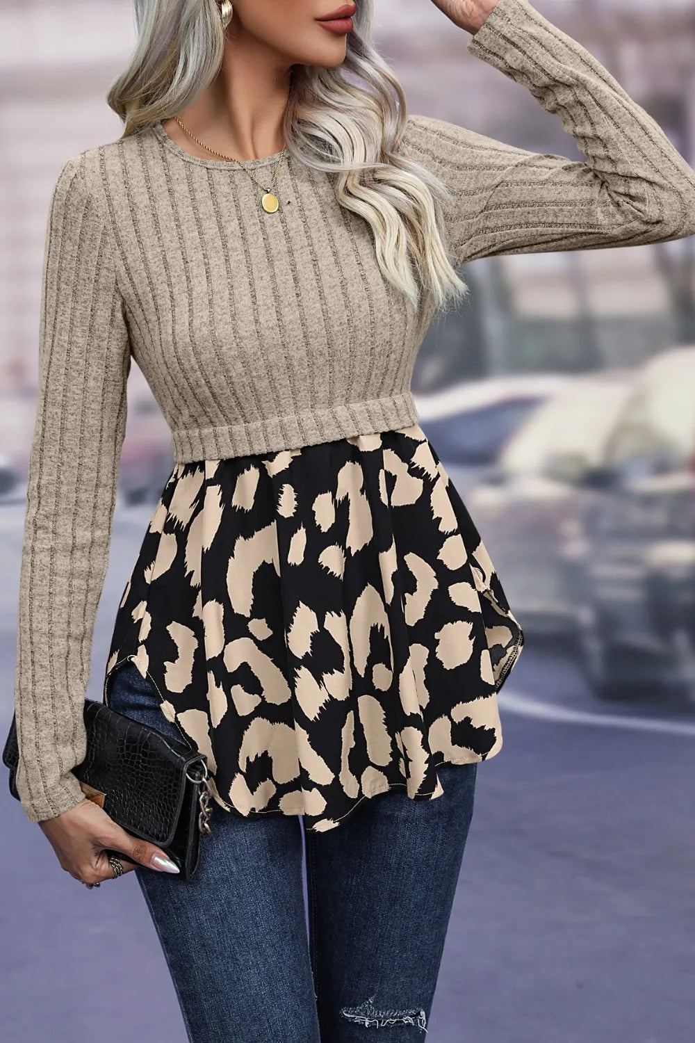 IVY LANE LEOPARD PEPLUM ROUND NECK BLOUSE