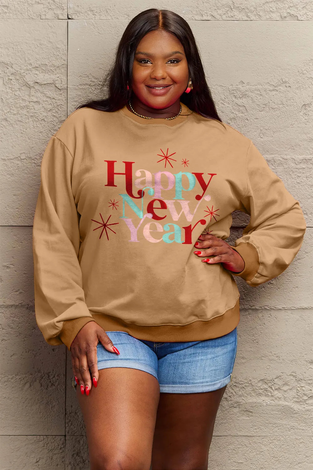SIMPLY LOVE FULL SIZE HAPPY NEW YEAR ROUND NECK SWEATSHIRT