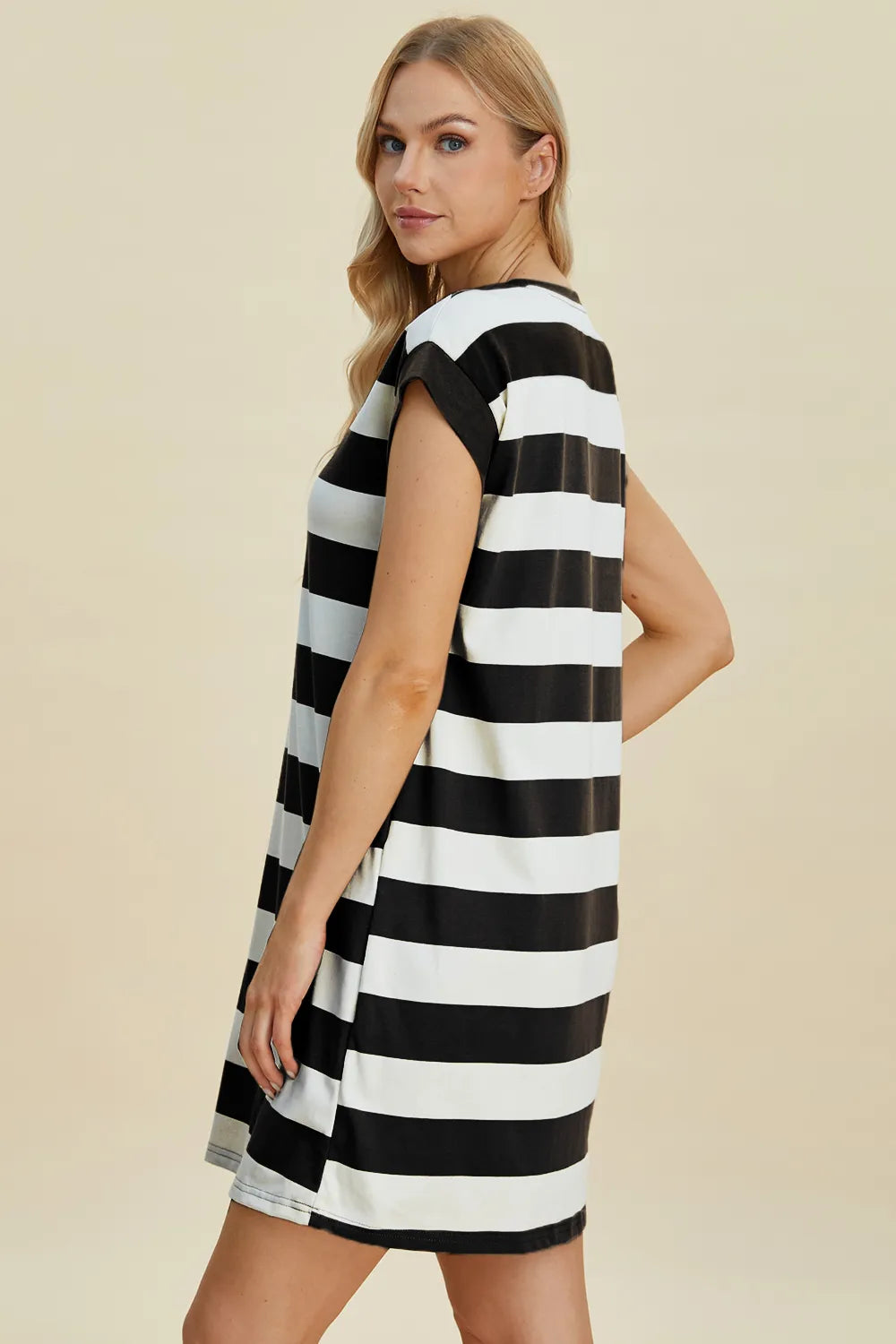 BASIC BAE FULL SIZE STRIPED ROUND NECK CAP SLEEVE MINI DRESS