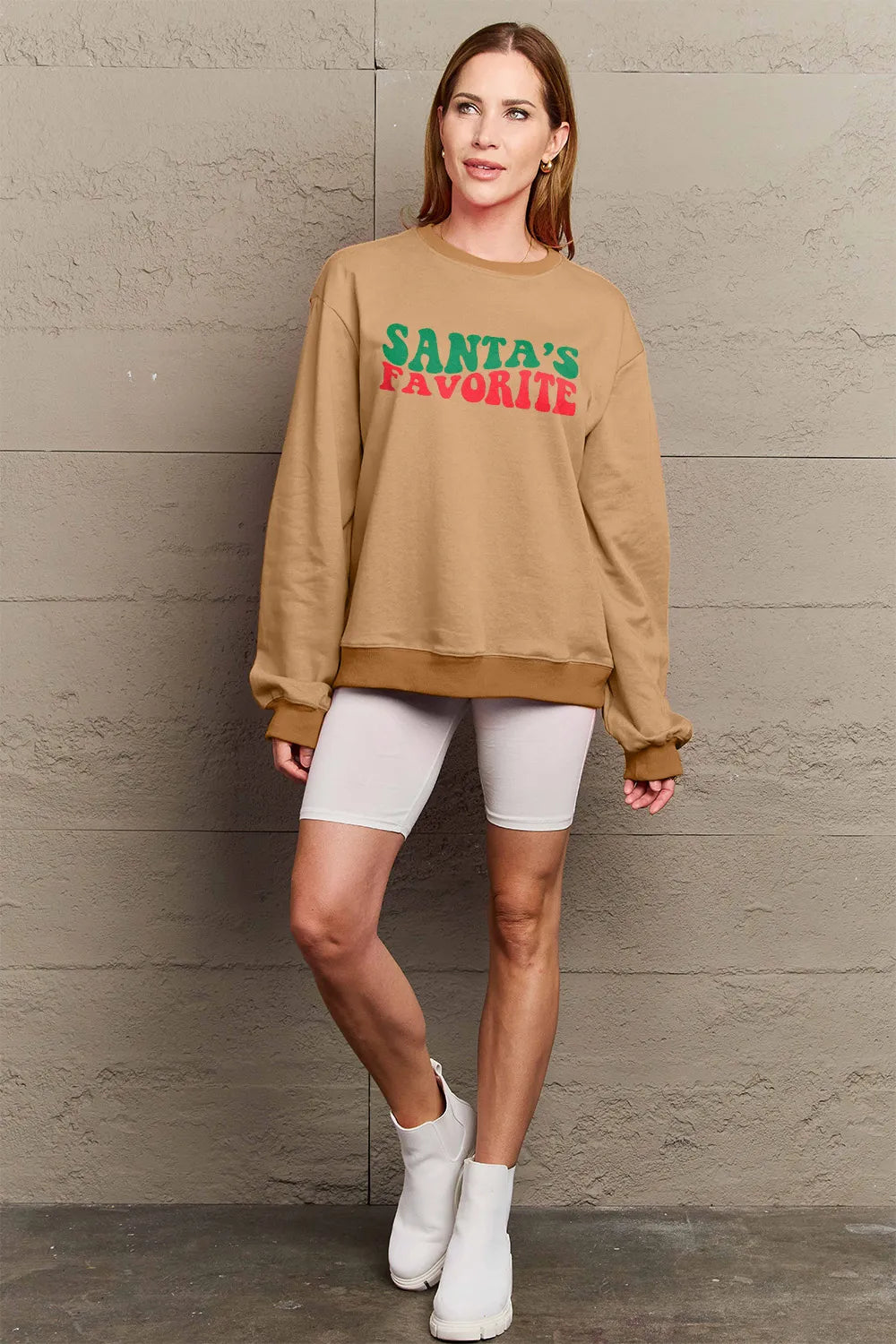SIMPLY LOVE FULL SIZE SANTA'S FAVORITE ROUND NECK SWEATSHIRT