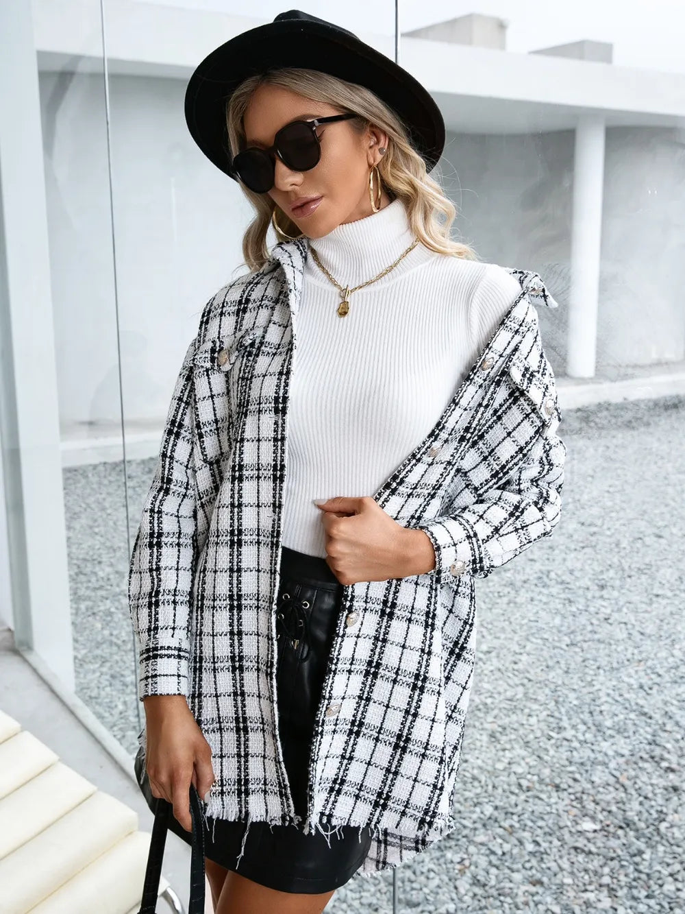 IVY LANE PLAID POCKETED BUTTON UP DROPPED SHOULDER JACKET
