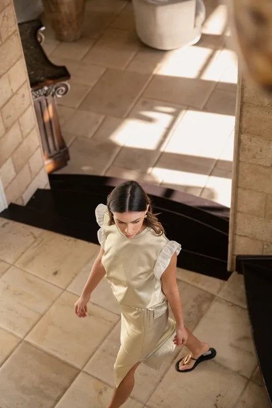 ANNIE WEAR MIX MEDIA METALLIC KNIT RUFFLE SLEEVE TOP