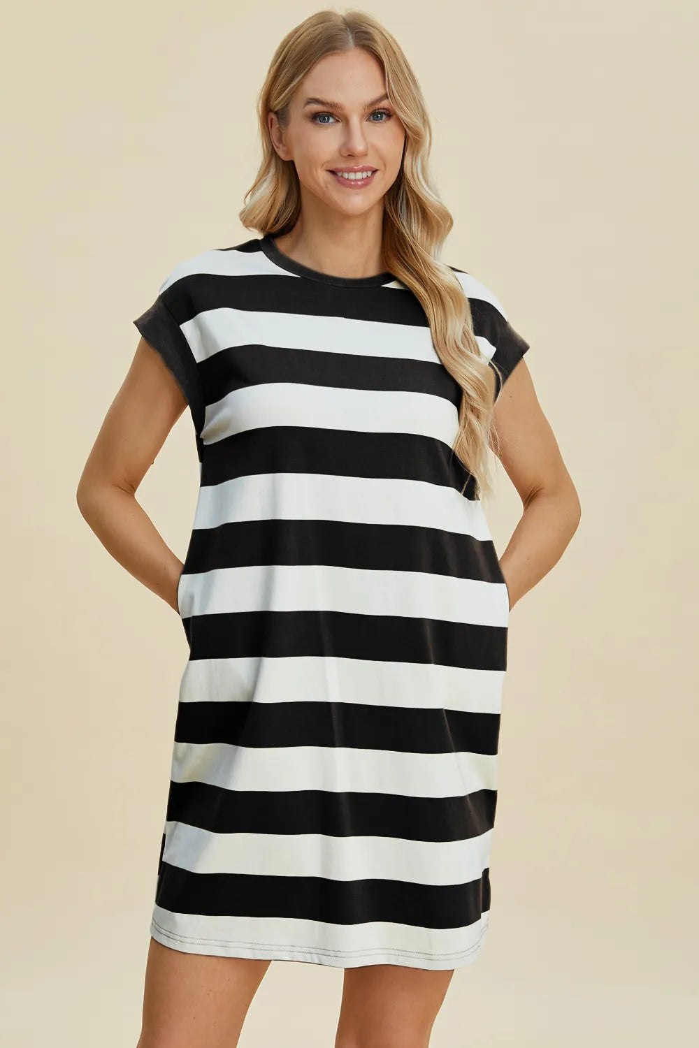 BASIC BAE FULL SIZE STRIPED ROUND NECK CAP SLEEVE MINI DRESS