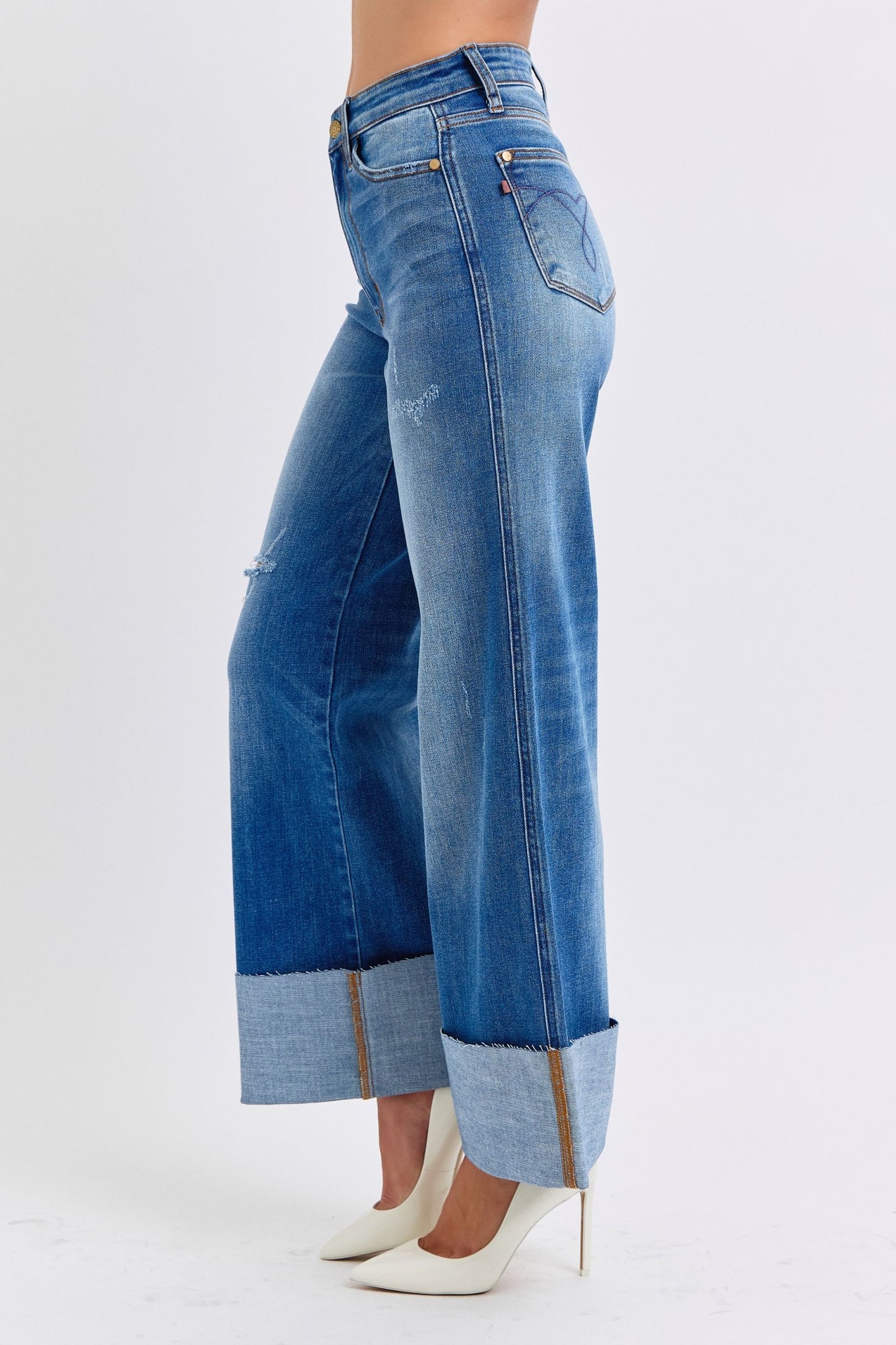 JUDY BLUE FULL SIZE DISTRESSED HIGH WAIST WIDE LEG JEANS