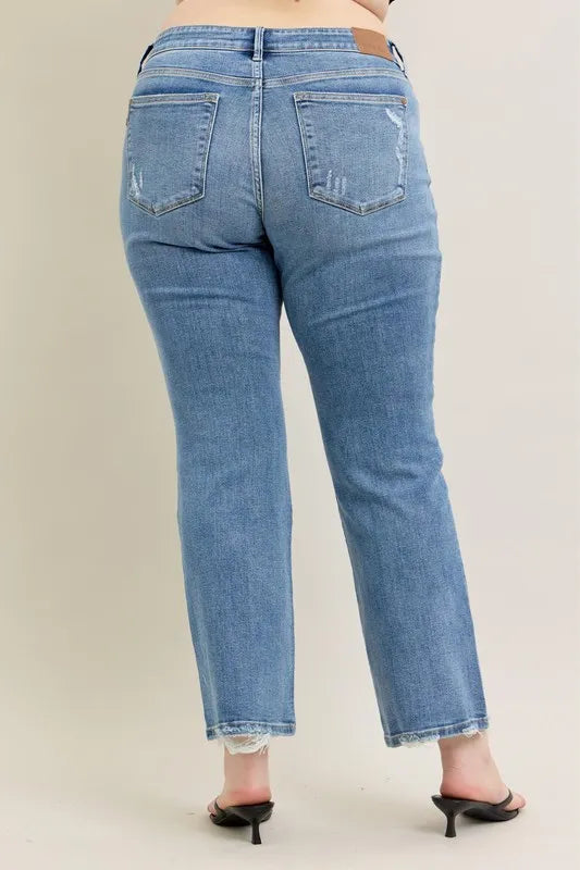 JUDY BLUE FULL SIZE MID RISE WASH DESTROY HEM BOOTCUT JEANS PLUS SIZE