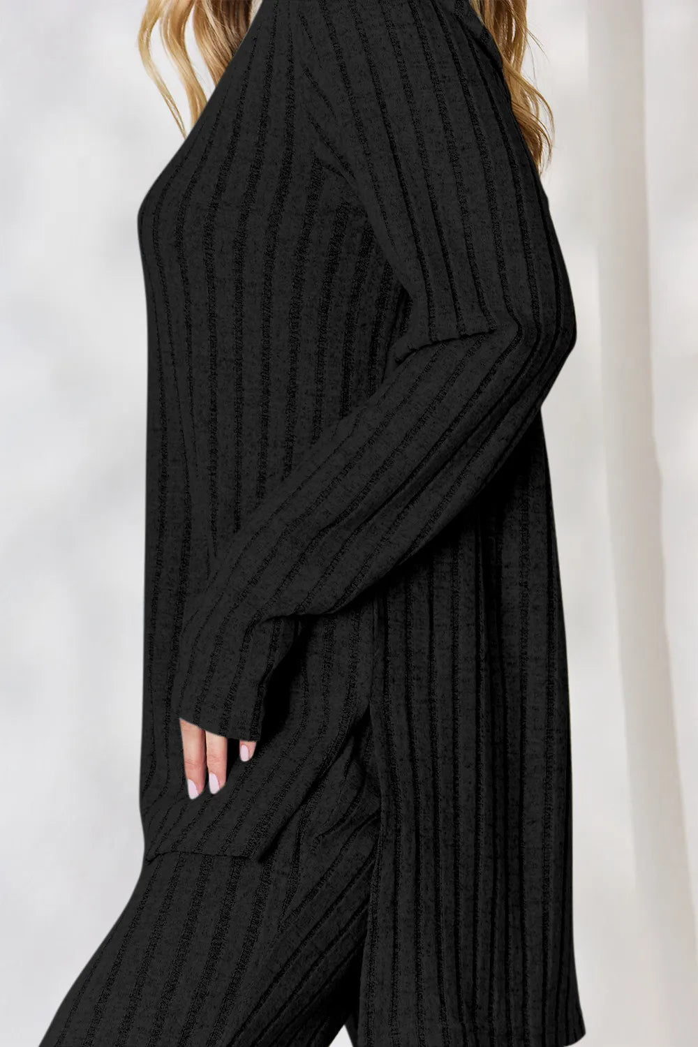 BASIC BAE FULL SIZE RIBBED HIGH-LOW TOP AND WIDE LEG PANTS SET