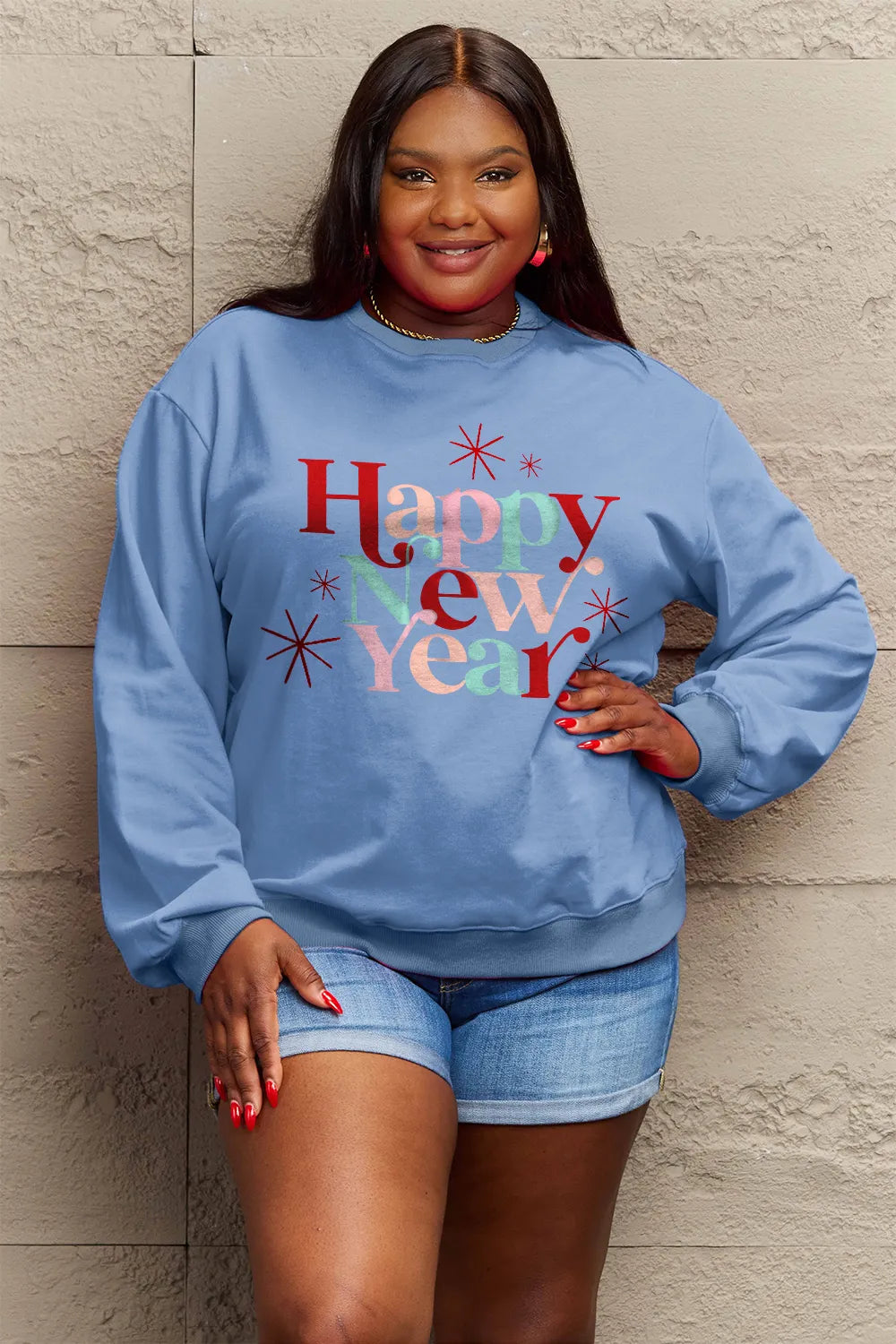 SIMPLY LOVE FULL SIZE HAPPY NEW YEAR ROUND NECK SWEATSHIRT