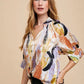 ANNIE WEAR MULTI COLOR PRINTED V-NECK OPEN WOVEN BLOUSE TOP