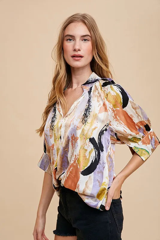 ANNIE WEAR MULTI COLOR PRINTED V-NECK OPEN WOVEN BLOUSE TOP