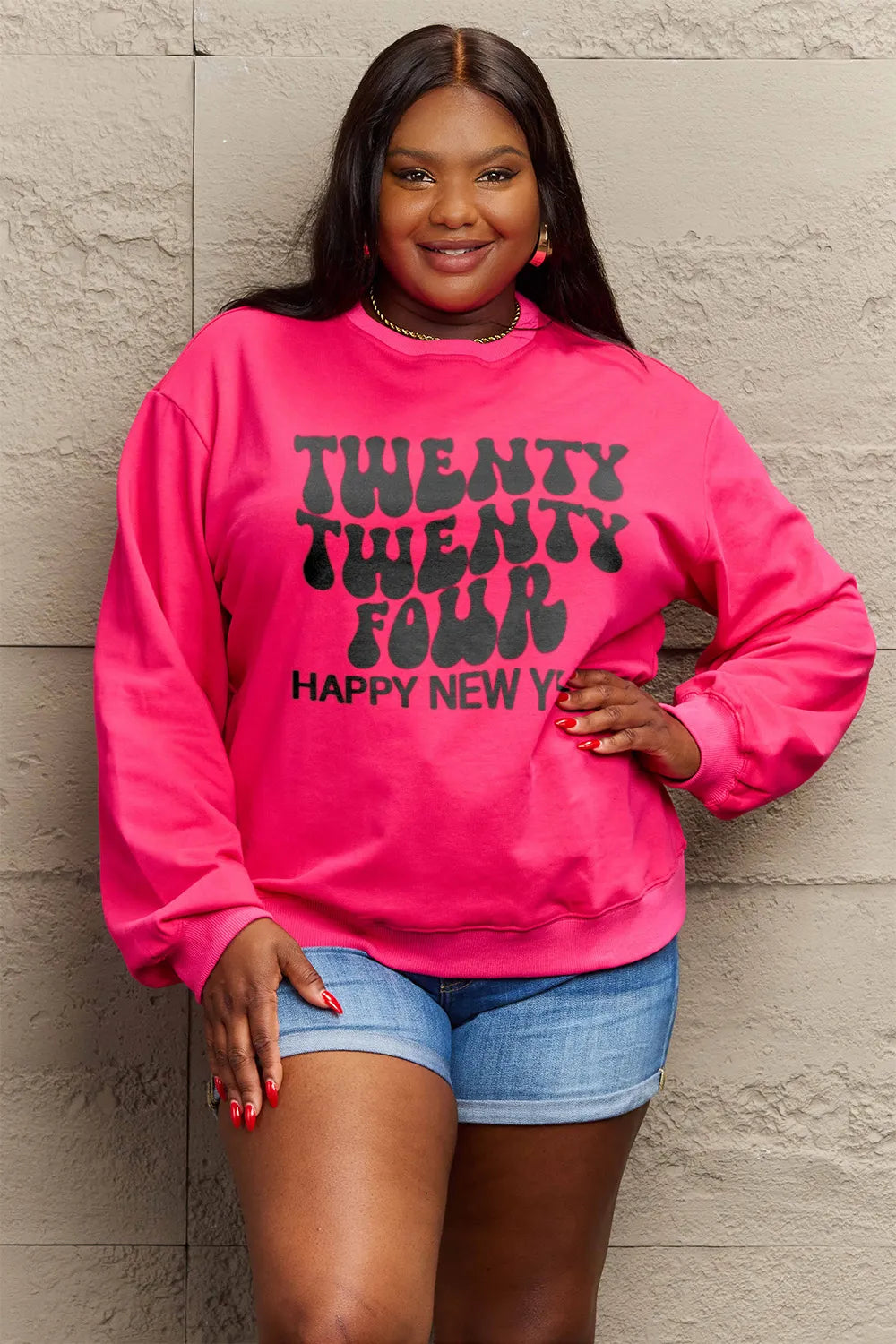 SIMPLY LOVE FULL SIZE TWENTY TWENTY FOUR HAPPY NEW YEAR DROPPED SHOULDER SWEATSHIRT