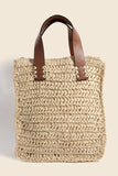 FAME FAUX LEATHER HANDLE STRAW BRAIDED HANDBAG