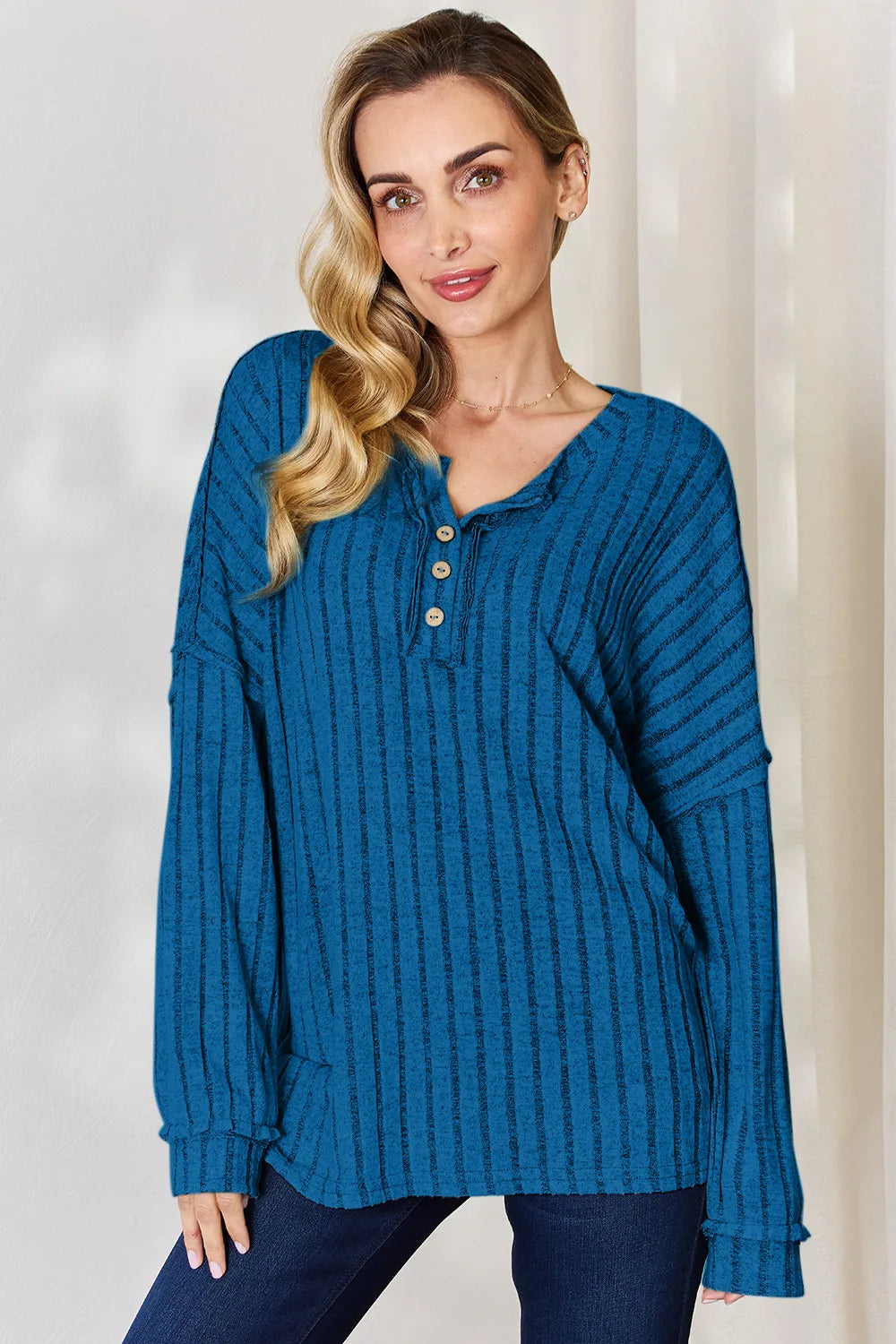BASIC BAE FULL SIZE RIBBED HALF BUTTON LONG SLEEVE T-SHIRT