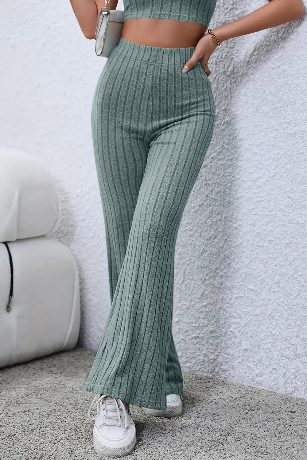 BASIC BAE FULL SIZE RIBBED HIGH WAIST FLARE PANTS
