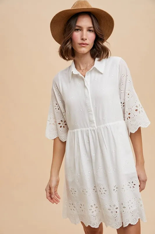 ANNIE WEAR EMBROIDERED SCALLOP EDGE DETAIL MINI SHIRT DRESS