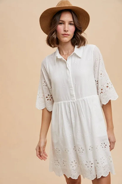 ANNIE WEAR EMBROIDERED SCALLOP EDGE DETAIL MINI SHIRT DRESS