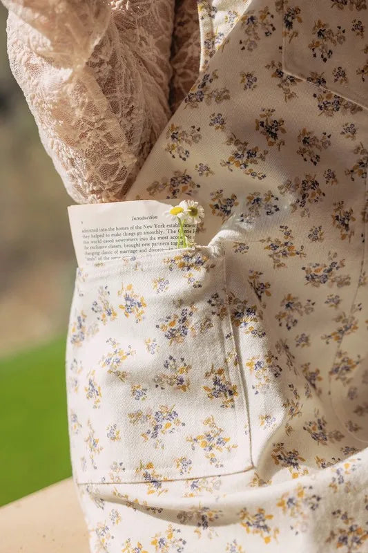 ANNIE WEAR STRETCH DITSY PRINT DENIM OVERALL MINI DRESS