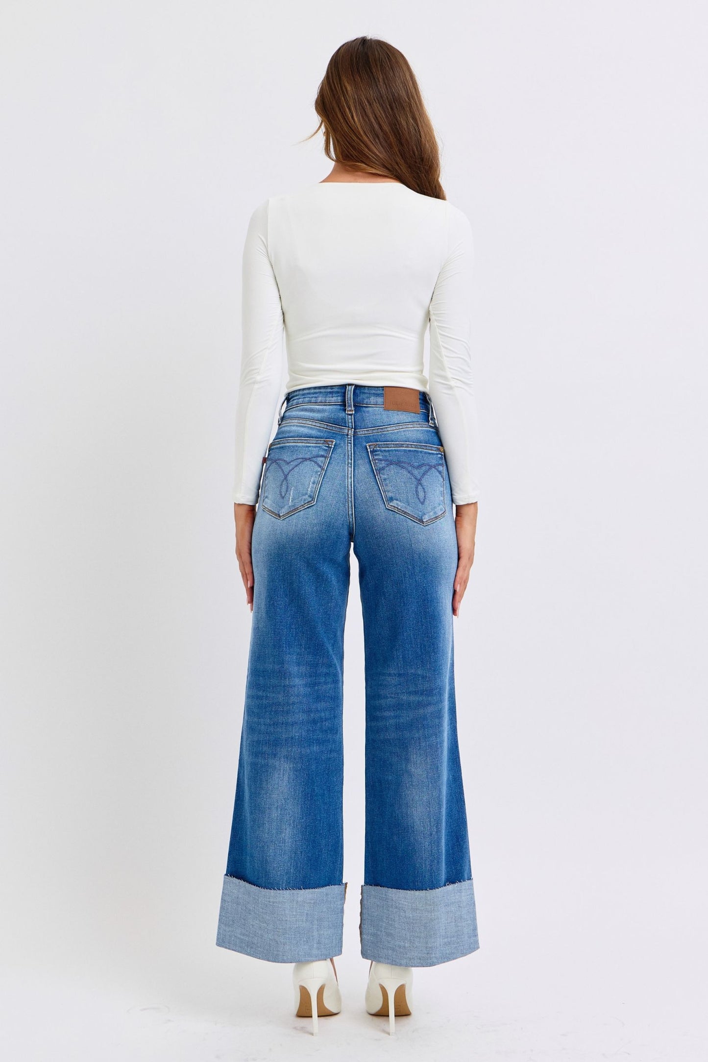 JUDY BLUE FULL SIZE DISTRESSED HIGH WAIST WIDE LEG JEANS