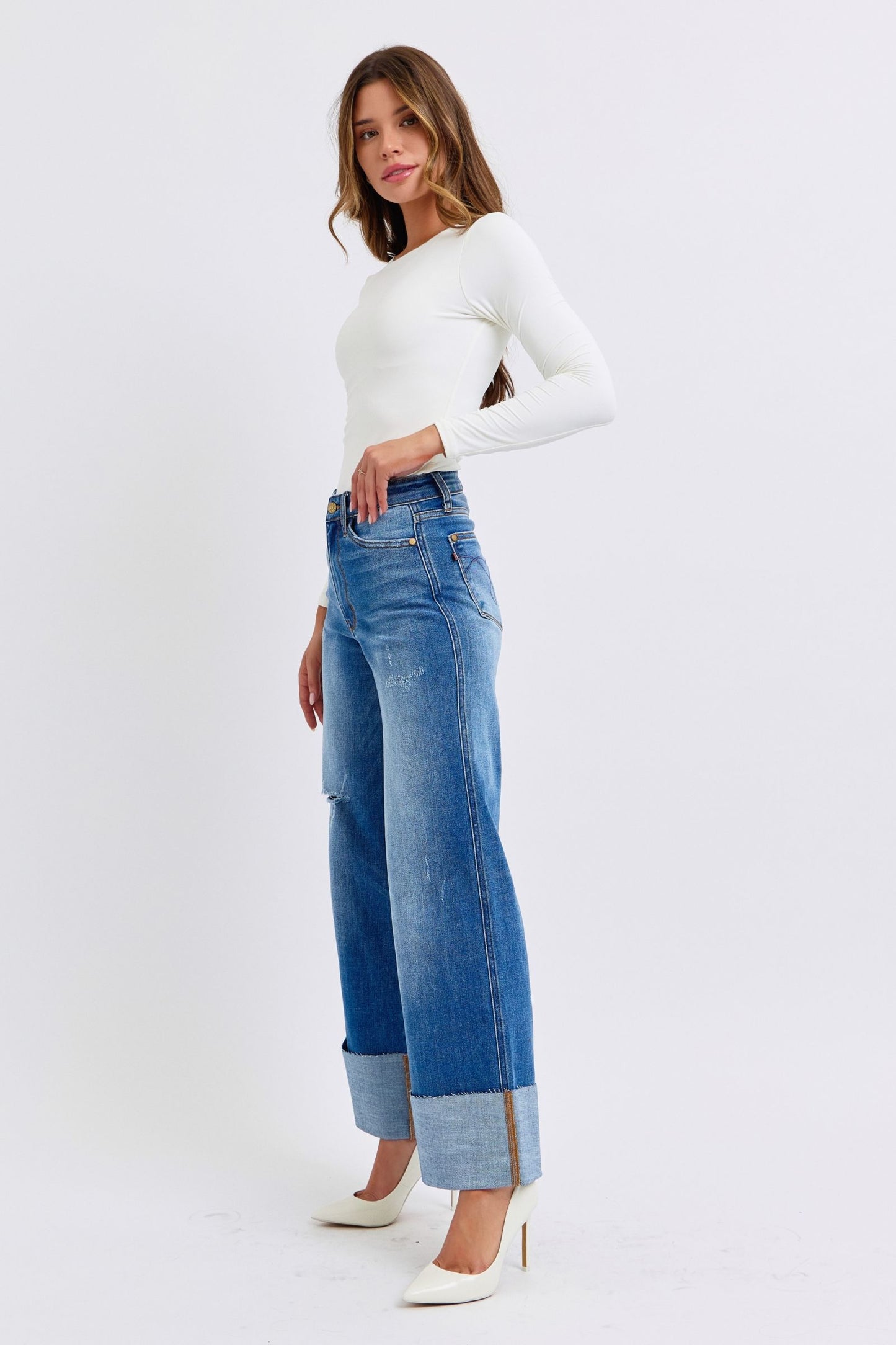 JUDY BLUE FULL SIZE DISTRESSED HIGH WAIST WIDE LEG JEANS