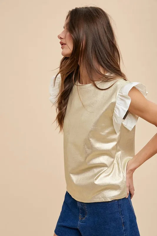 ANNIE WEAR MIX MEDIA METALLIC KNIT RUFFLE SLEEVE TOP