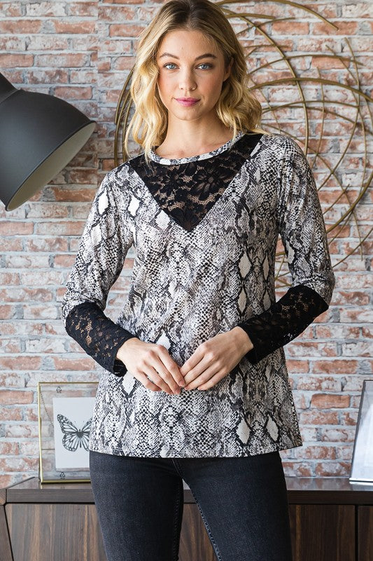 HEIMISH FULL SIZE SNAKESKIN PRINT ROUND NECK LACE CONTRAST TOP