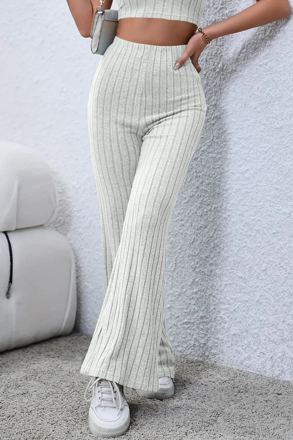 BASIC BAE FULL SIZE RIBBED HIGH WAIST FLARE PANTS