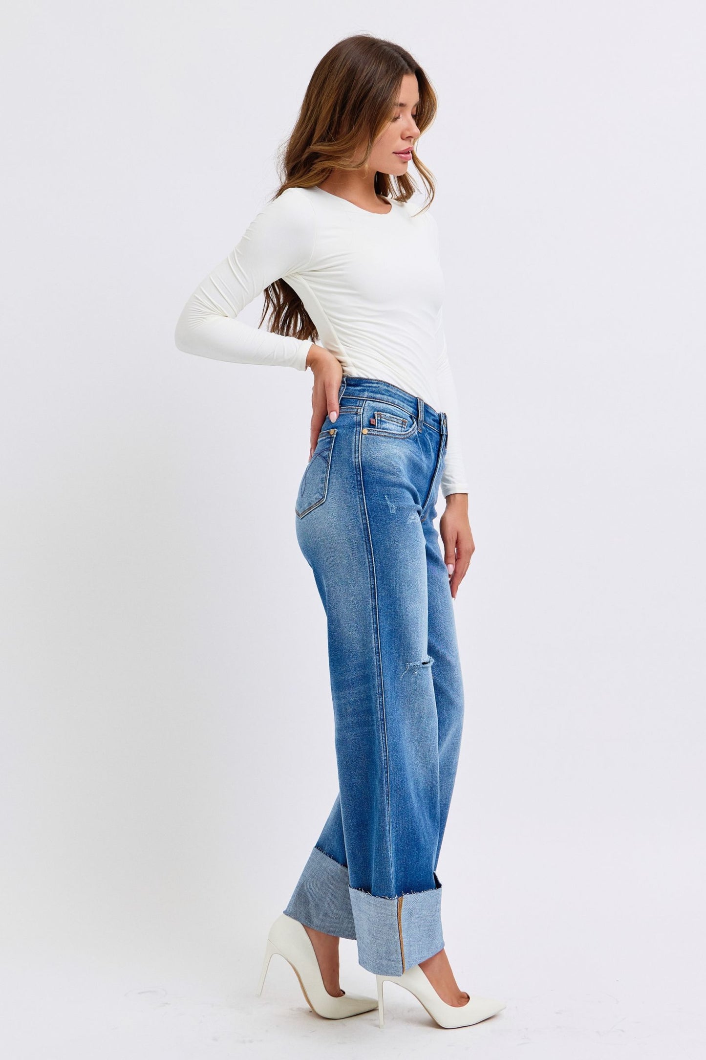 JUDY BLUE FULL SIZE DISTRESSED HIGH WAIST WIDE LEG JEANS