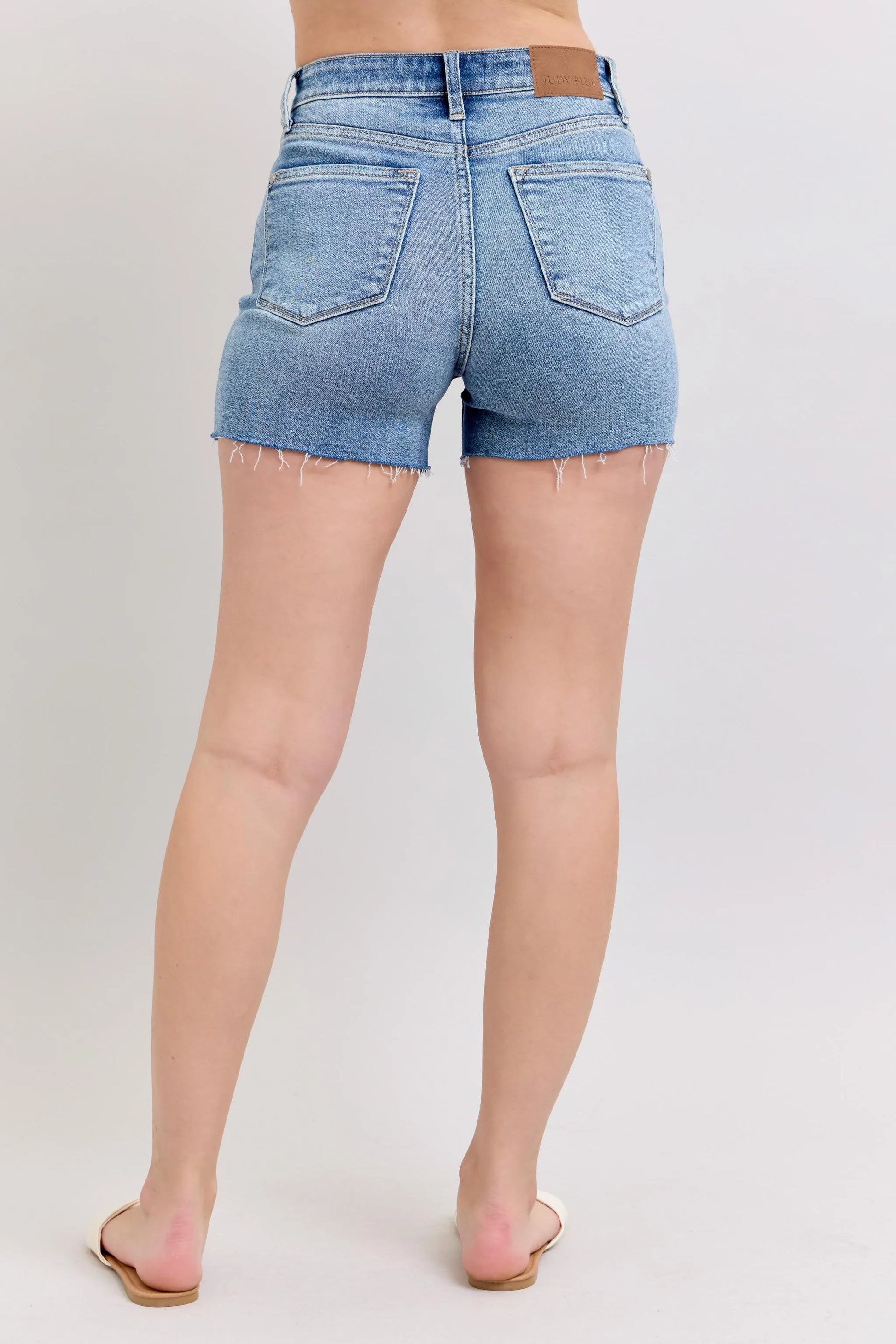 JUDY BLUE FULL SIZE HIGH WAIST DENIM SHORTS W/STITCH OVER DESTROY DETAIL PLUS SIZE