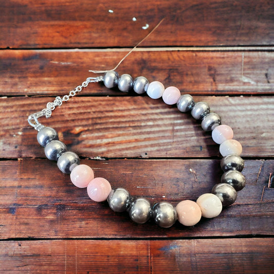 8mm Sterling Silver Pearls bracelet with pink conch beads - 6 inch bracelet