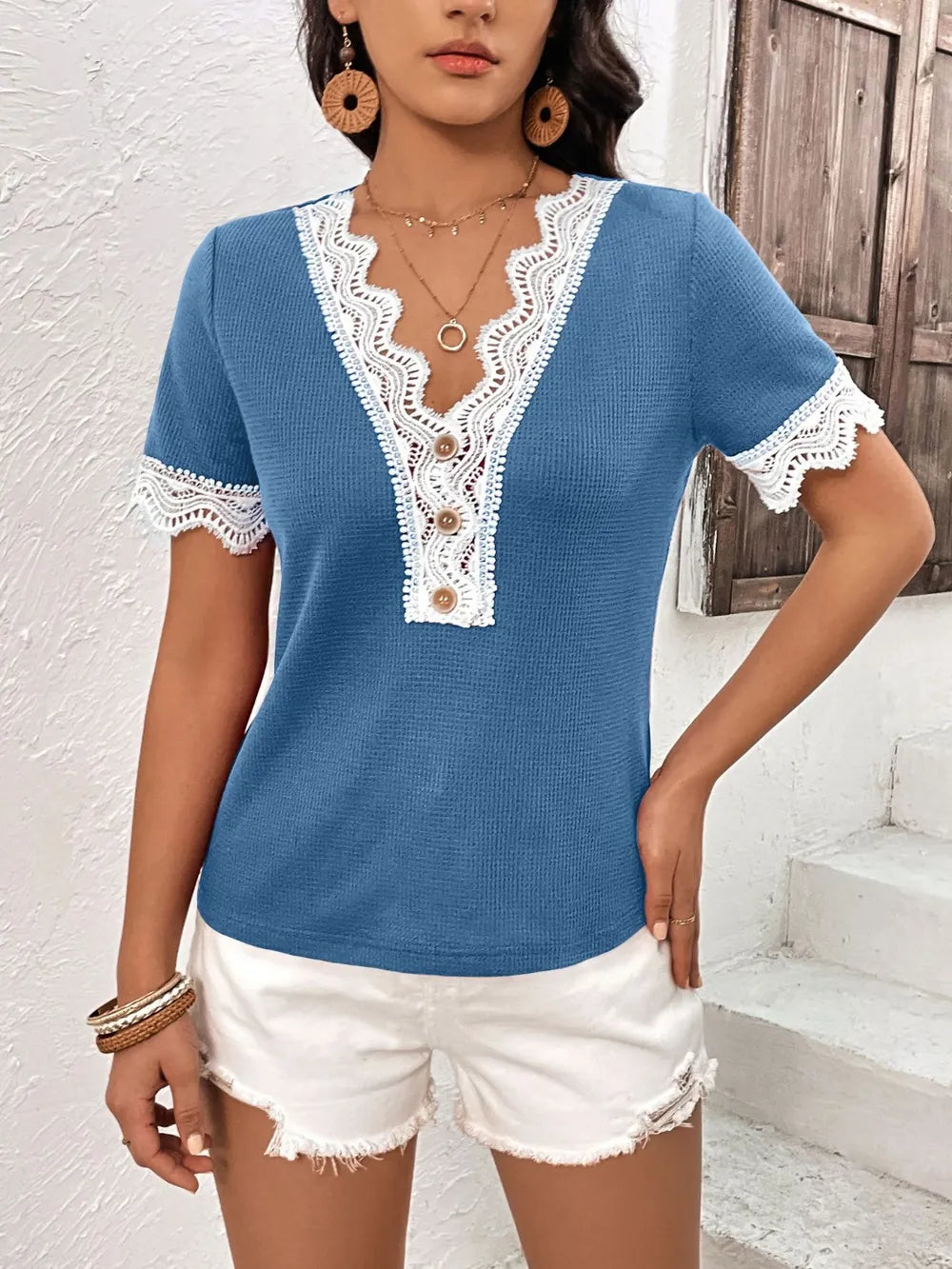 IVY LANE LACE DETAIL V-NECK SHORT SLEEVE T-SHIRT