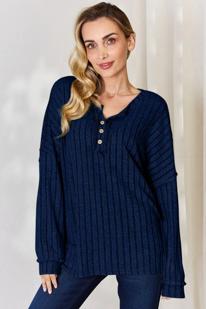 BASIC BAE FULL SIZE RIBBED HALF BUTTON LONG SLEEVE T-SHIRT