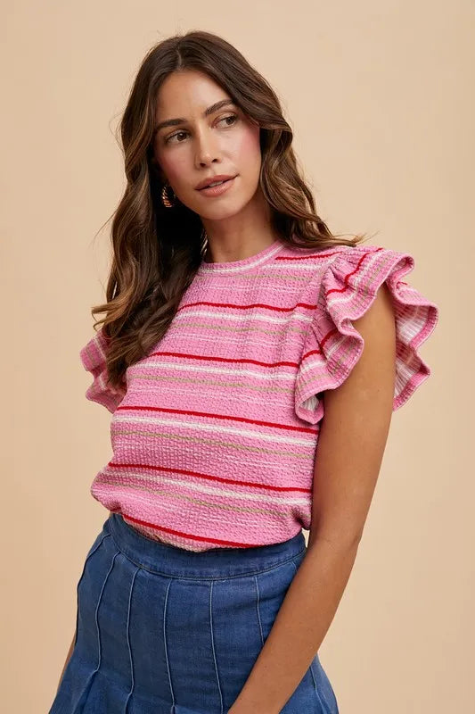 ANNIE WEAR MULTI STRIPE RUFFLE SLEEVE TEXTURED KNIT TOP