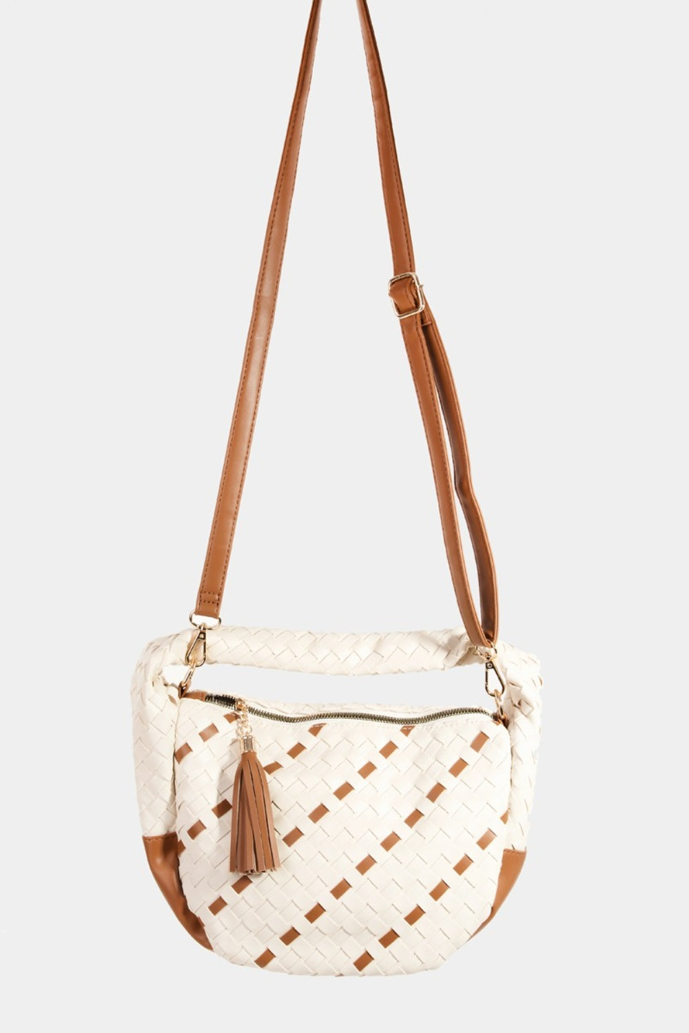 FAME TASSEL DETAIL WEAVE SEMI CIRCLE BAG