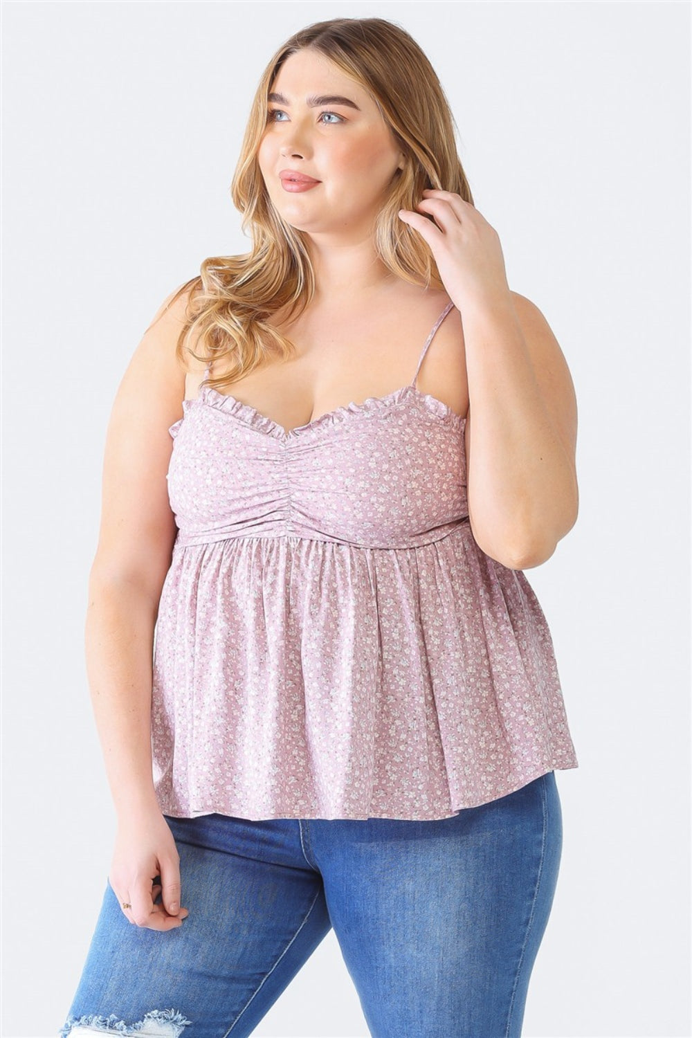 ZENOBIA PLUS SIZE FRILL SMOCKED FLORAL SWEETHEART NECK CAMI