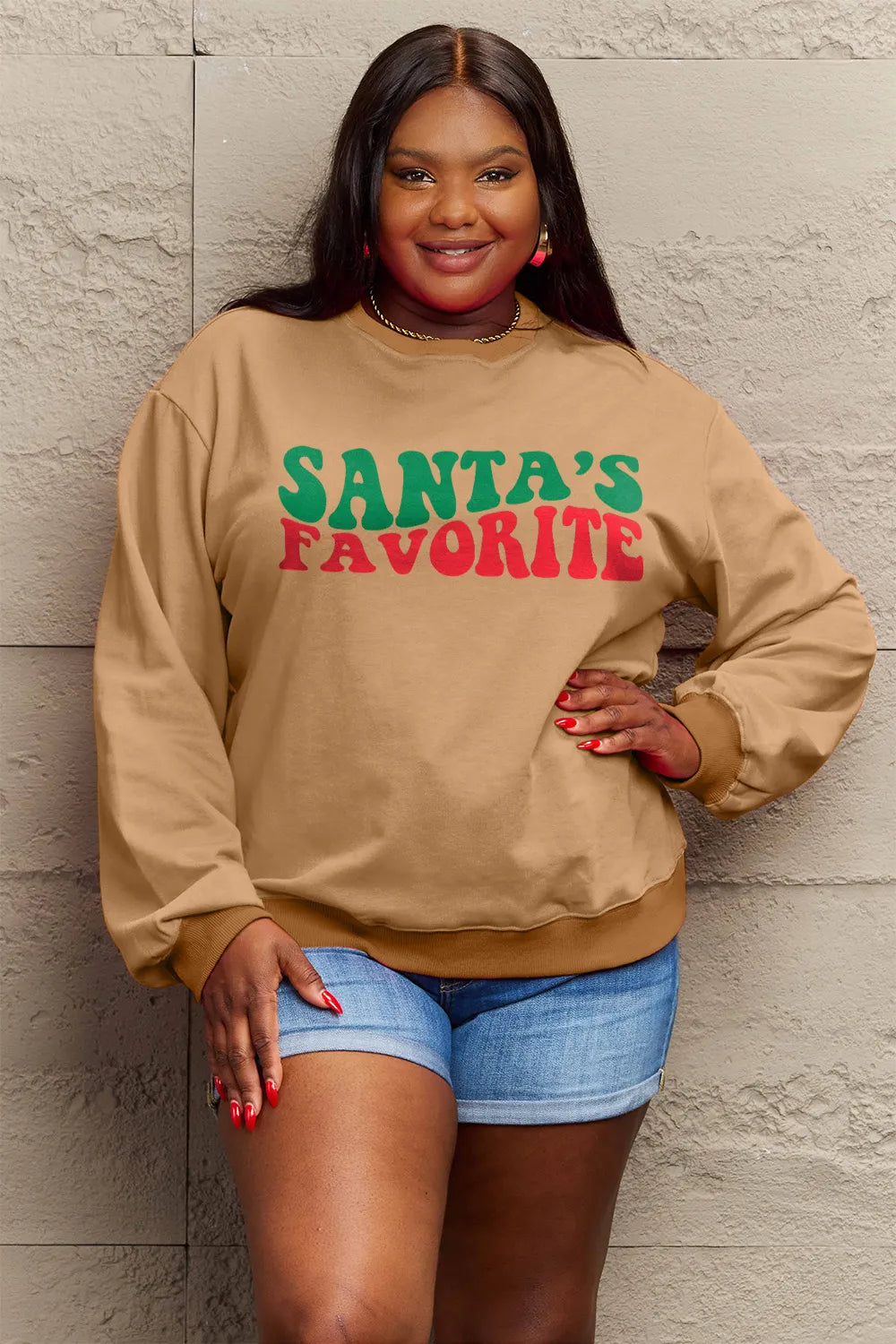 SIMPLY LOVE FULL SIZE SANTA'S FAVORITE ROUND NECK SWEATSHIRT