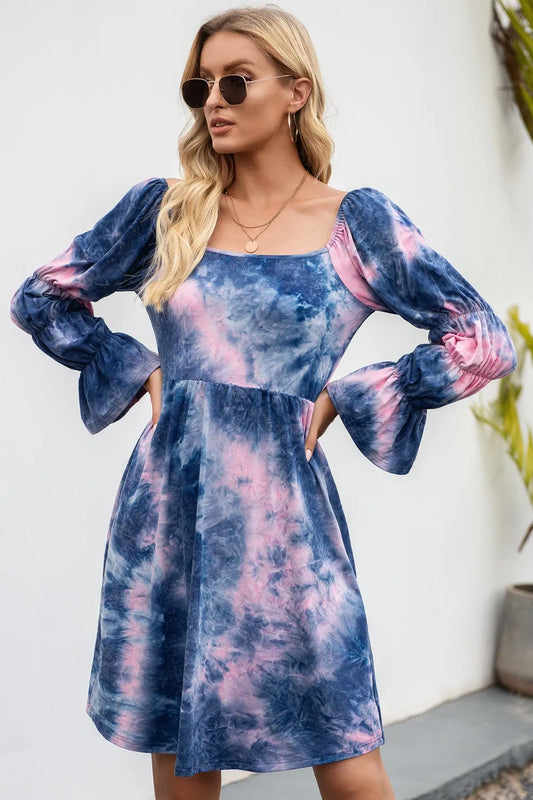 IVY LANE TIE-DYE SQUARE NECK FLOUNCE SLEEVE DRESS