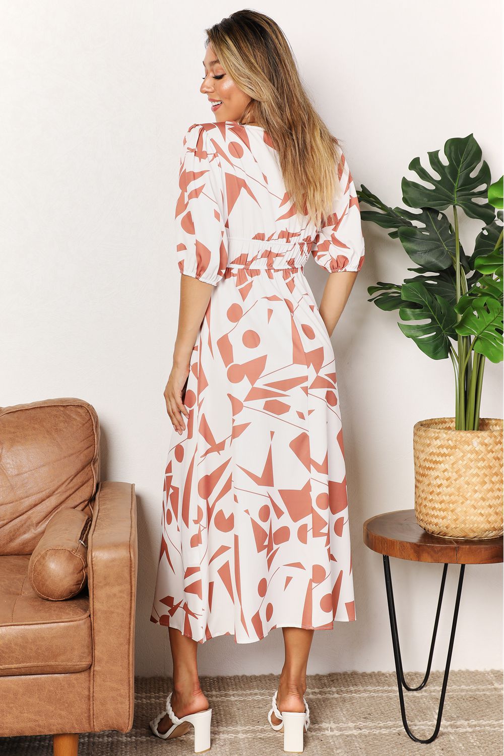 PRINTED SURPLICE BALLOON SLEEVE DRESS