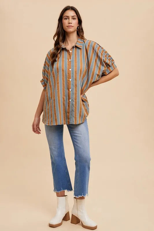 ANNIE WEAR OVERSIZED DROP SHOULDER STRIPED WOVEN SHIRT