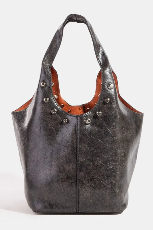FAME WEATHERED FAUX LEATHER AND STUDS BUCKET BAG