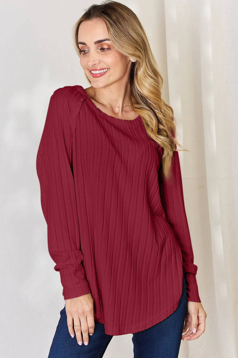 BASIC BAE FULL SIZE RIBBED ROUND NECK SLIT T-SHIRT
