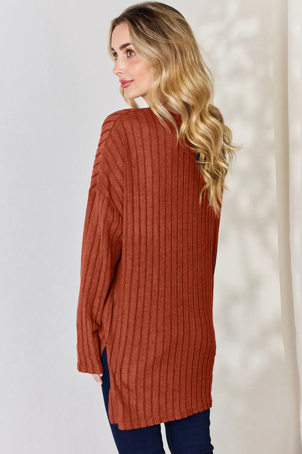 BASIC BAE FULL SIZE RIBBED HALF BUTTON LONG SLEEVE HIGH-LOW T-SHIRT