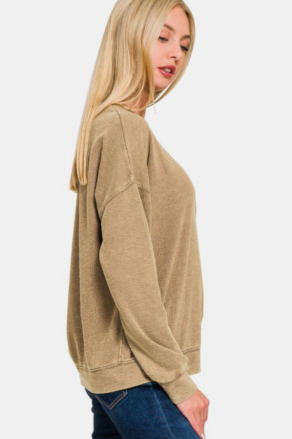 ZENANA WASHED ROUND NECK DROPPED SHOULDER SWEATSHIRT