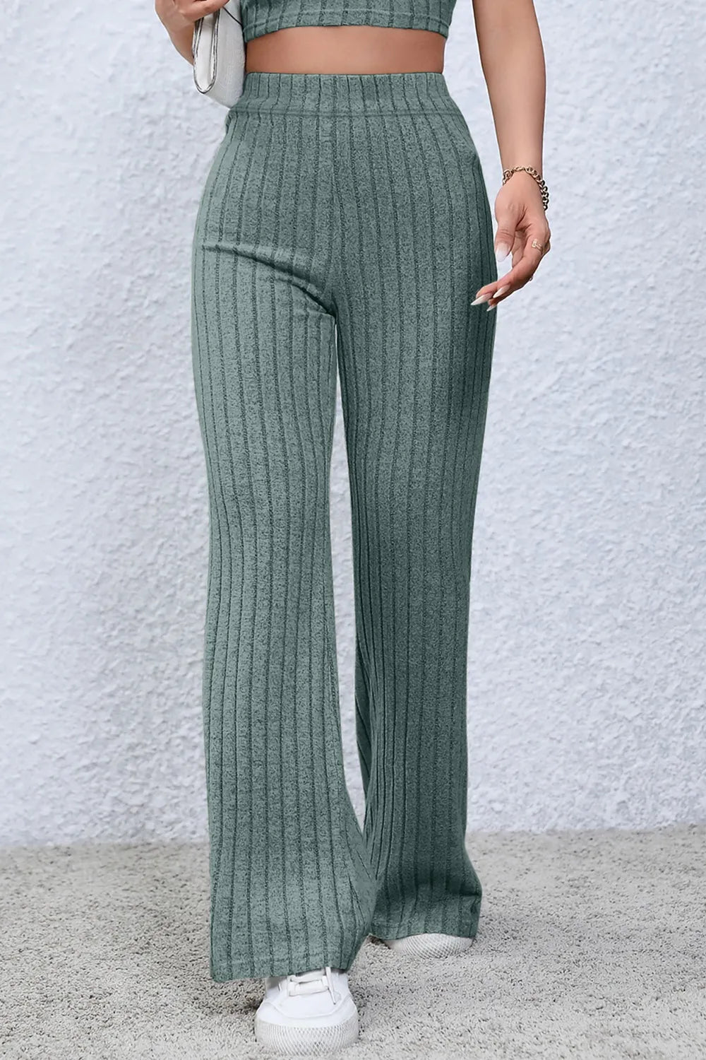 BASIC BAE FULL SIZE RIBBED HIGH WAIST FLARE PANTS