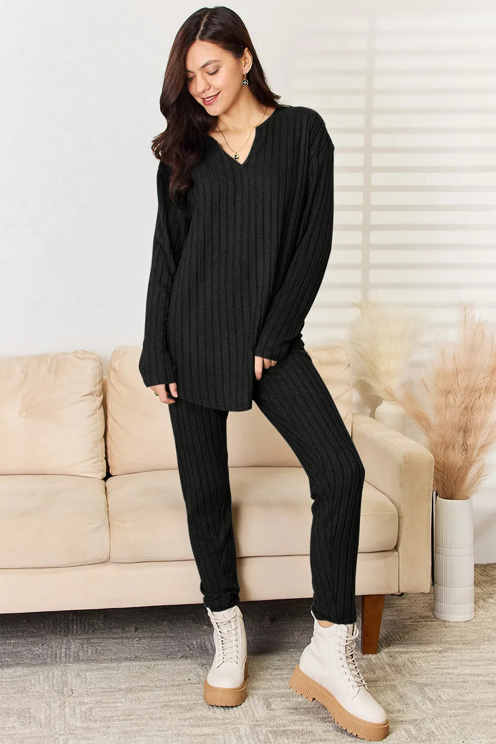 BASIC BAE FULL SIZE NOTCHED LONG SLEEVE TOP AND PANTS SET
