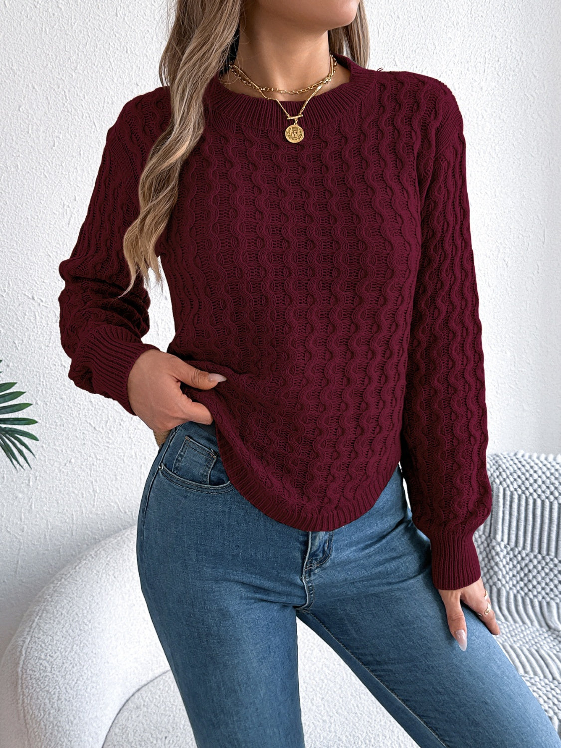 ASYMMETRIC HEM ROUND NECK LONG SLEEVE SWEATER-Thriftique Marketplace