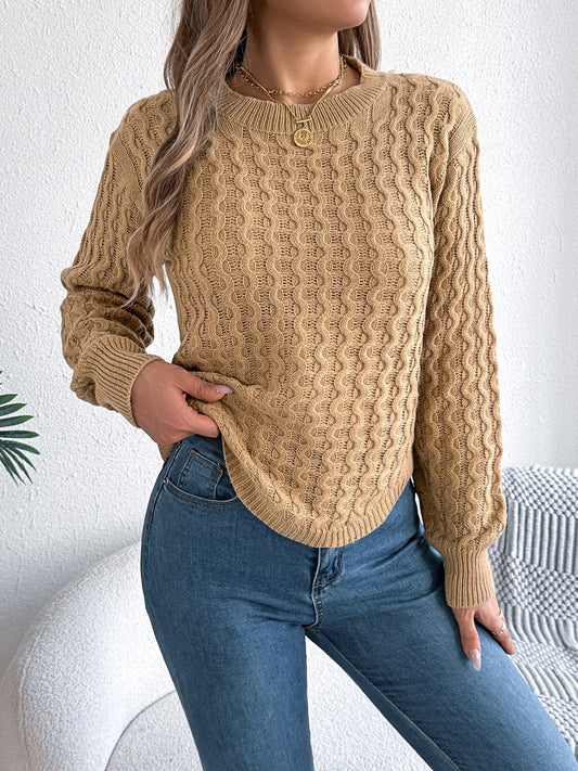 ASYMMETRIC HEM ROUND NECK LONG SLEEVE SWEATER-Thriftique Marketplace