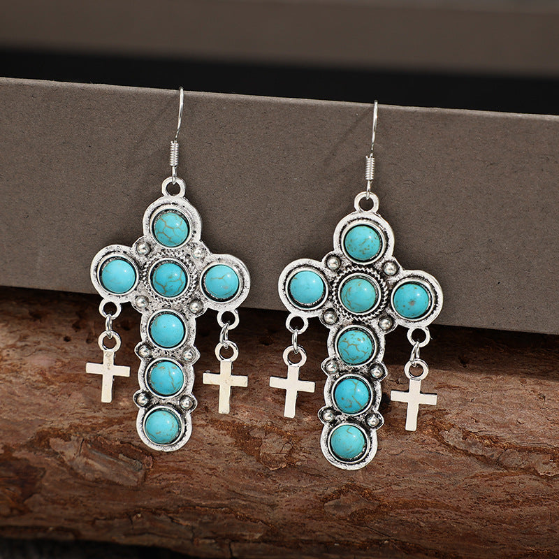 ARTIFICIAL TURQUOISE CROSS SHAPE EARRINGS-Thriftique Marketplace