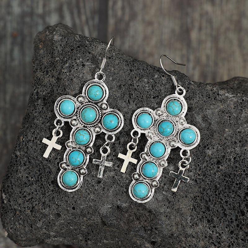 ARTIFICIAL TURQUOISE CROSS SHAPE EARRINGS-Thriftique Marketplace