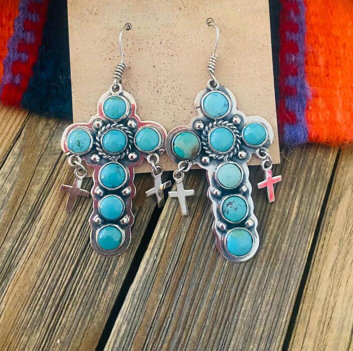 ARTIFICIAL TURQUOISE CROSS SHAPE EARRINGS-Thriftique Marketplace