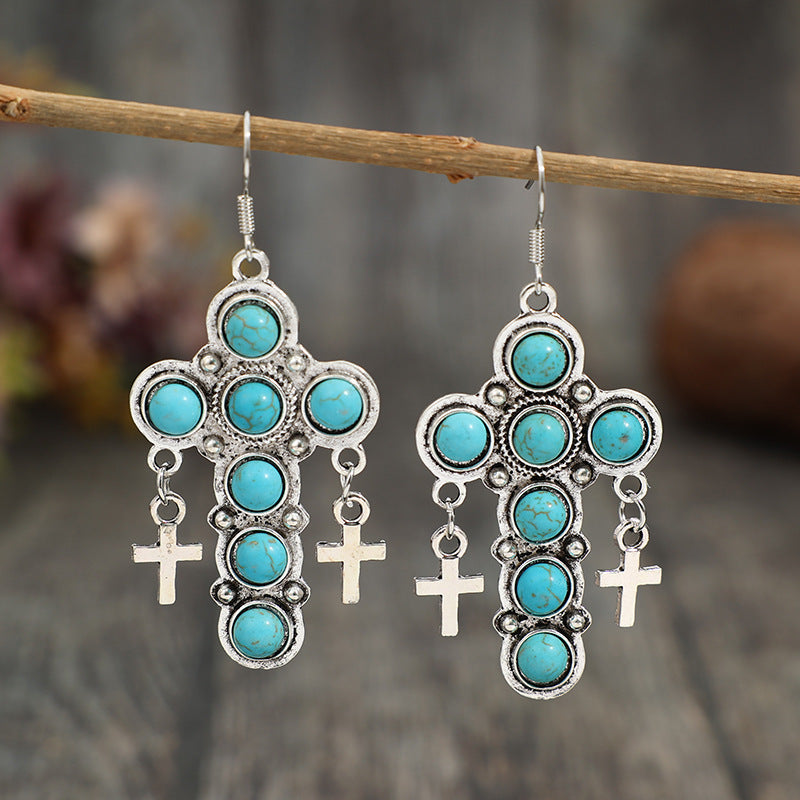 ARTIFICIAL TURQUOISE CROSS SHAPE EARRINGS-Thriftique Marketplace